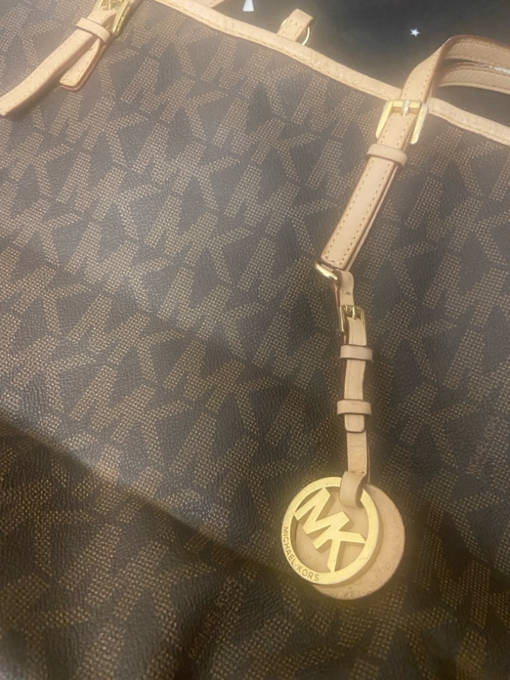Preloved Michael Kors Tote Bag Brown and Tan Logo-Print Tote with Gold Hardware